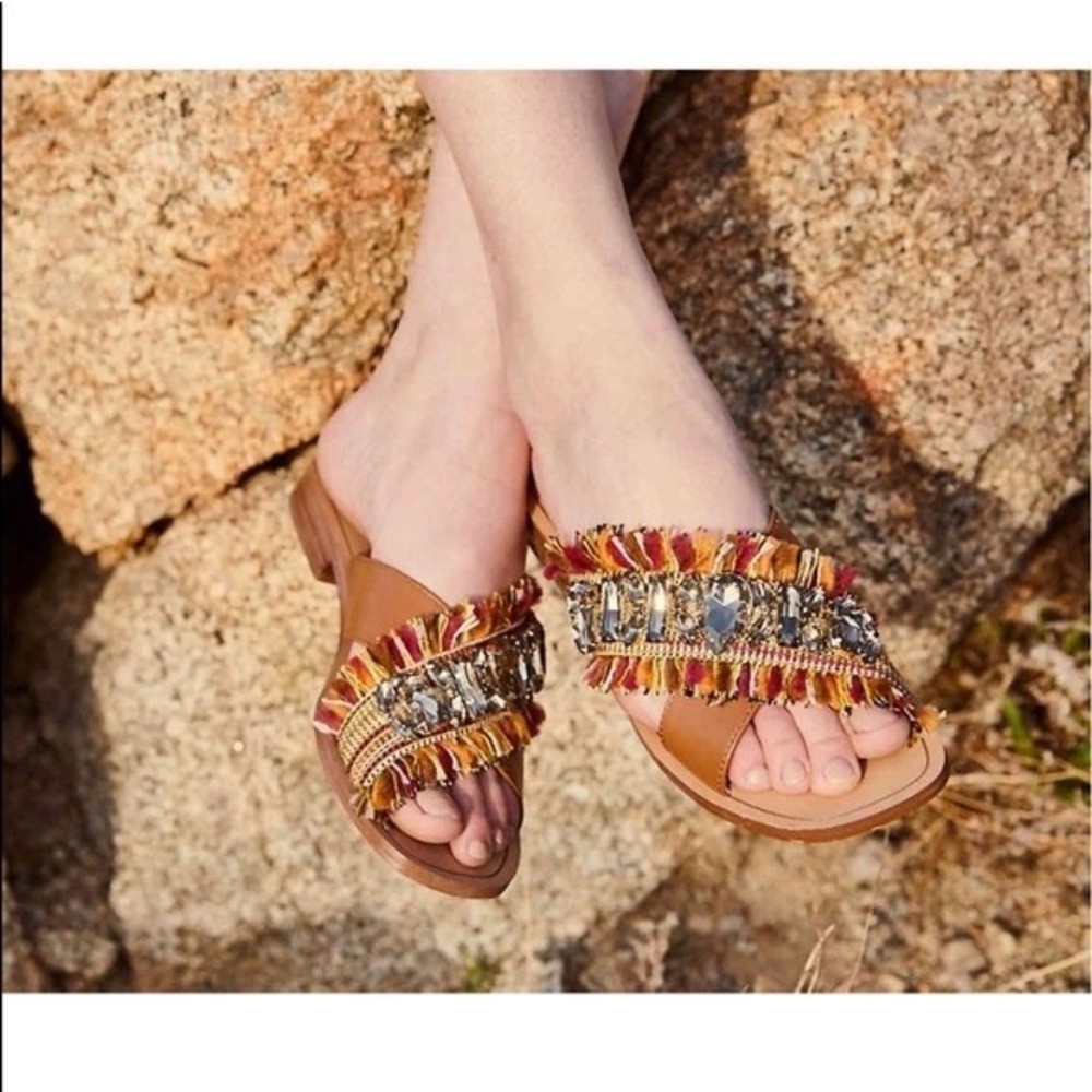 Crown Vintage Sandals Women's 10M Somaya Slides Brown Leather Casual Rhinestones